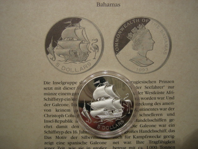  Bahamas 5 Dollars 1993. Geschichte der Seefahrt. Silber Proof   