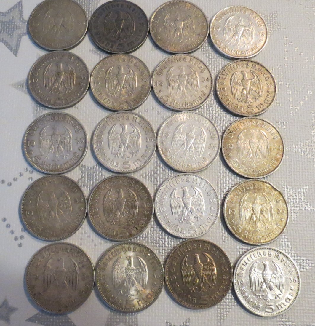  20x 5 Reichsmark versch. Jahrgänge; 12,5 g 900er Silber/Münze, insgesamt 250 Gramm Silber   