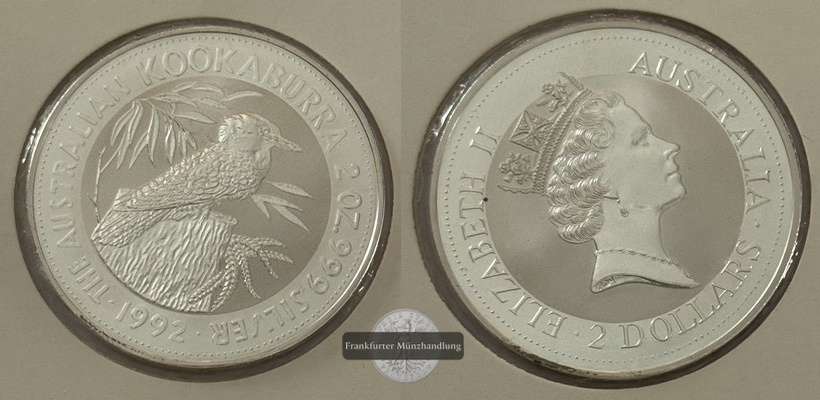  Australien 2 Dollar 1992 Kookaburra FM-Frankfurt  Feinsilber: 62,2g   