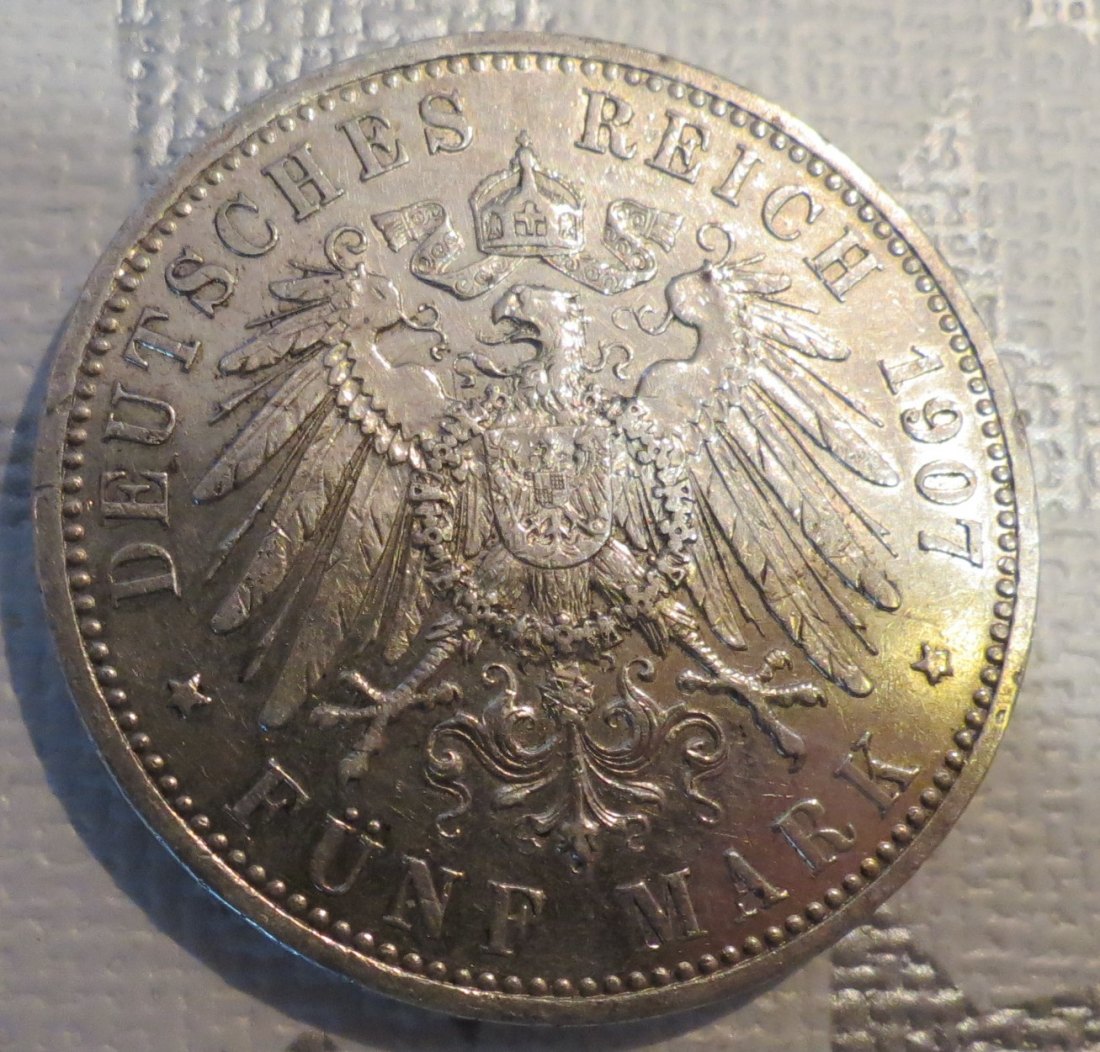  5 Mark Kaiserreich Wilhelm II. 1907; 900er Silber, 25 Gramm Feingehalt   