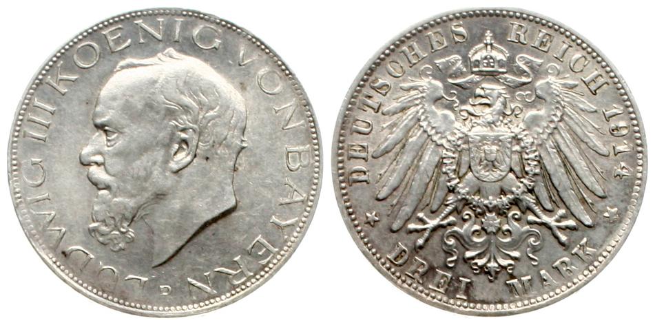  Bayern: Ludwig III., 3 Mark 1914, Silber, in Top-Erhaltung und schöner Patina!   