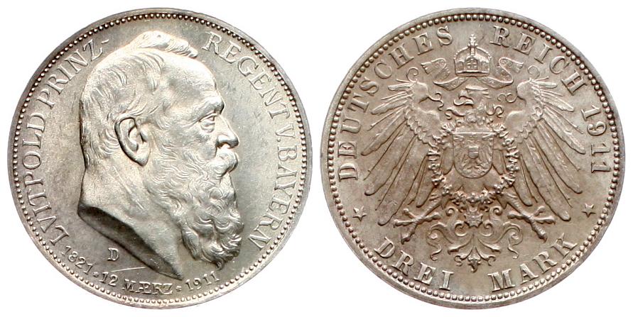  Bayern: Prinzregent Luipold, 3 Mark 1911,  SIlber, hübsche Patina und in TOP-Erhaltung!   