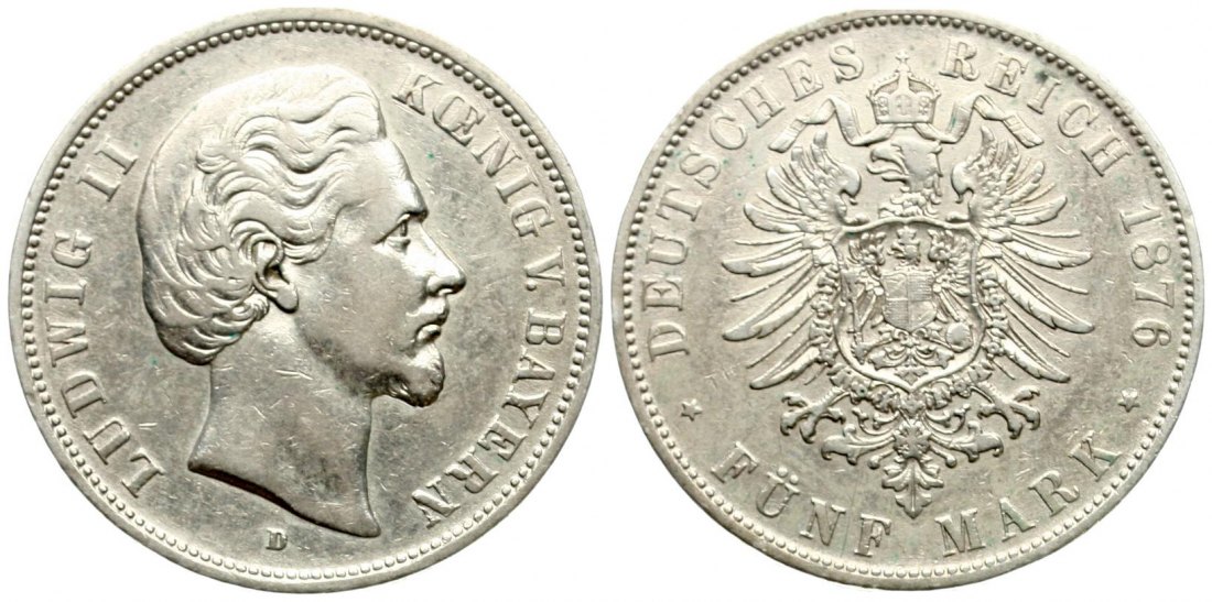  Bayern: Ludwig II., 5 Mark 1876 D, Silber, siehe Bilder!   