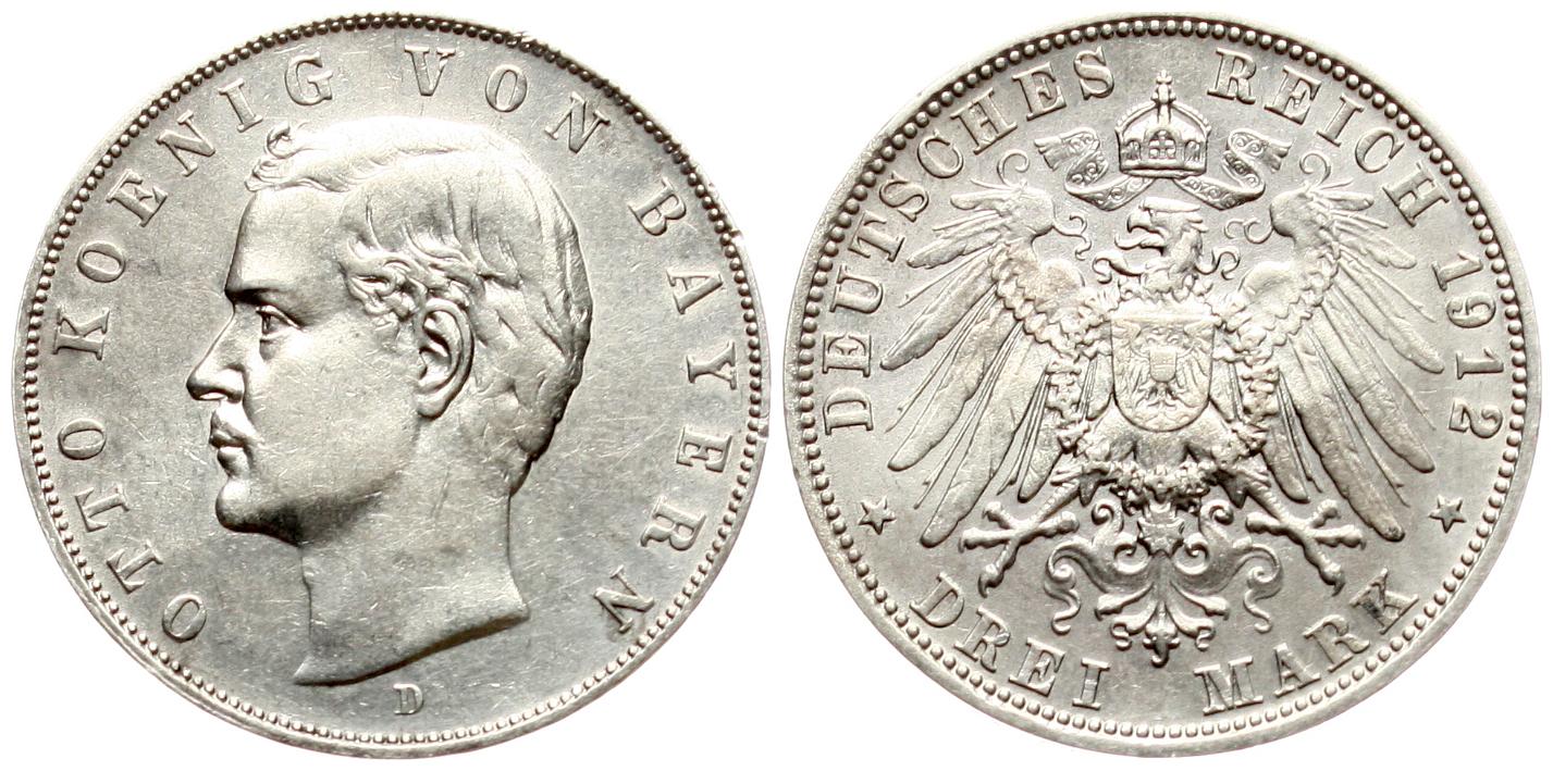  Bayern: Otto, 3 Mark 1912, Silber, hübsche Patina!   