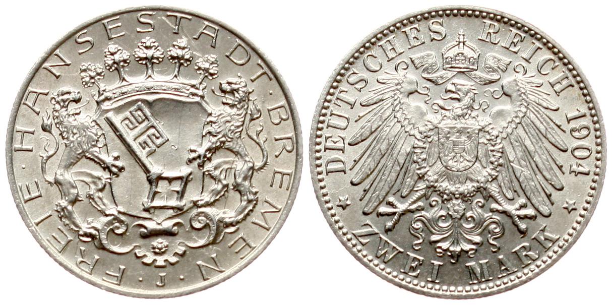  Bremen: 2 Mark 1904, Silber, in TOP-ERHALTUNG!!   