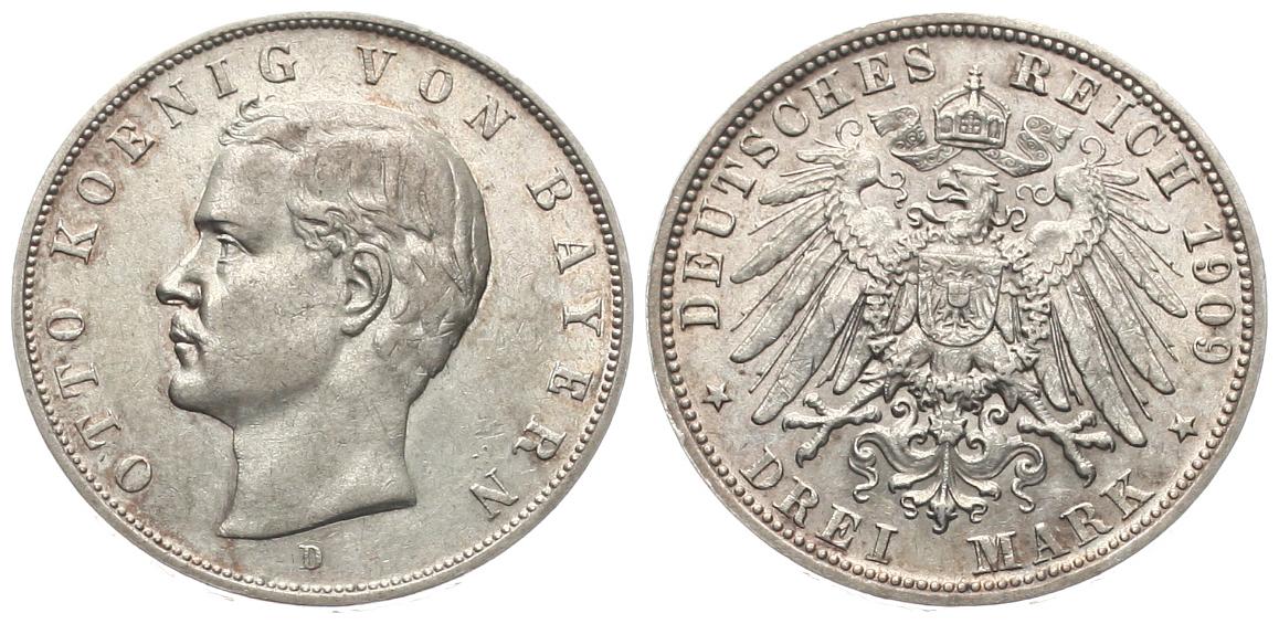  Bayern: Otto, 3 Mark 1909, Silber, hübsche Patina!   