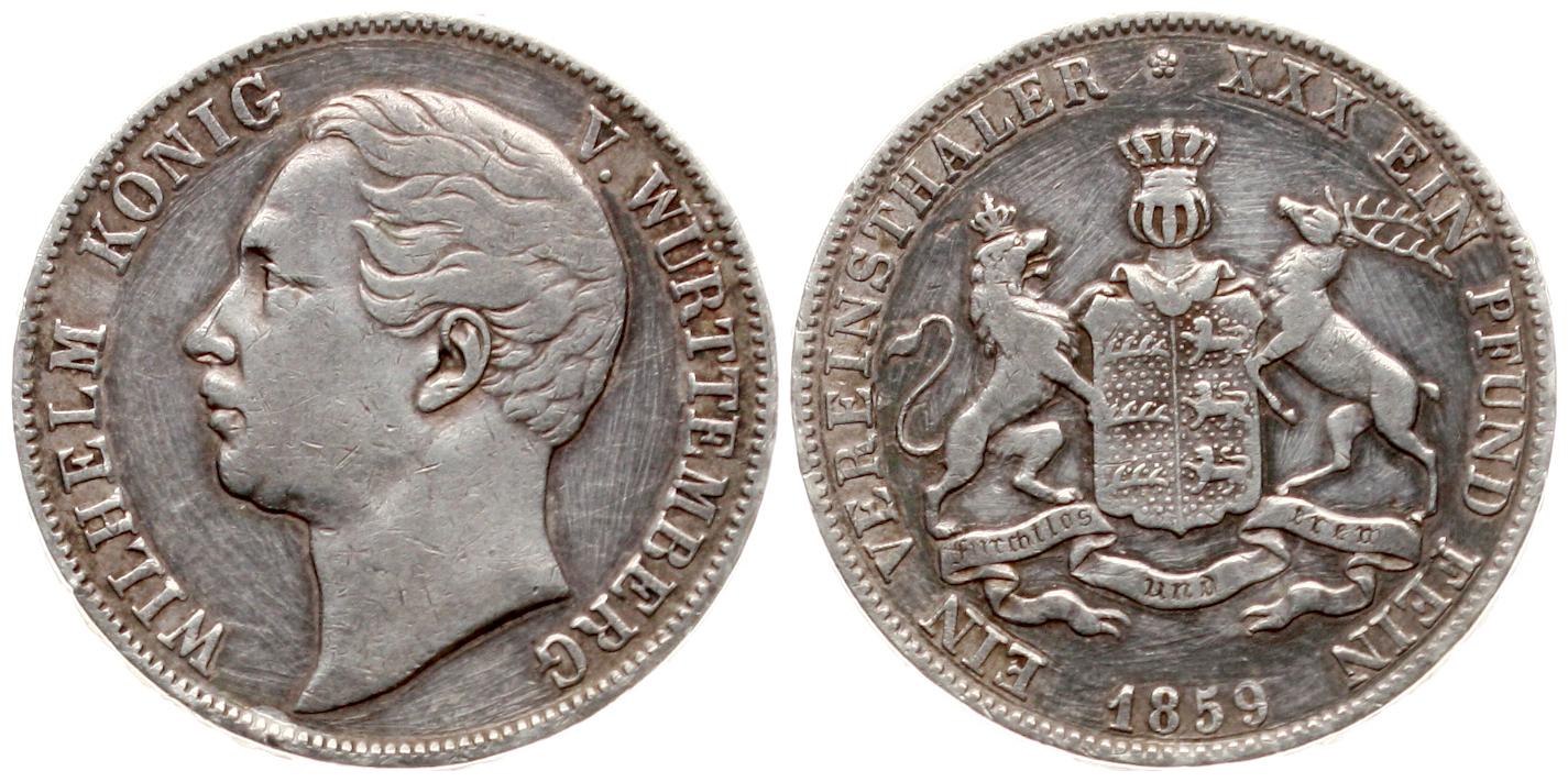  Württemberg: Wilhelm, 1 Taler 1958, Silber, schöne Patina!   