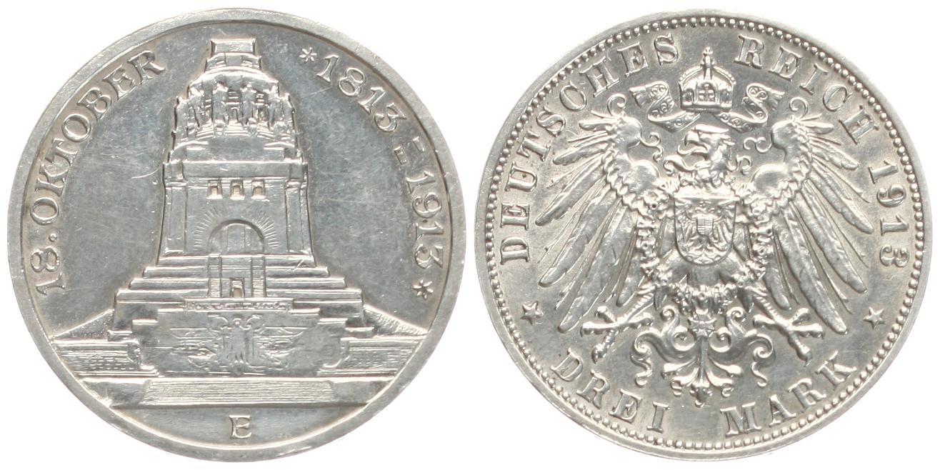  Sachsen: Friedrich August III., 3 Mark 1913 E, Völkerschlacht Denkmal, Patina!, Silber!   