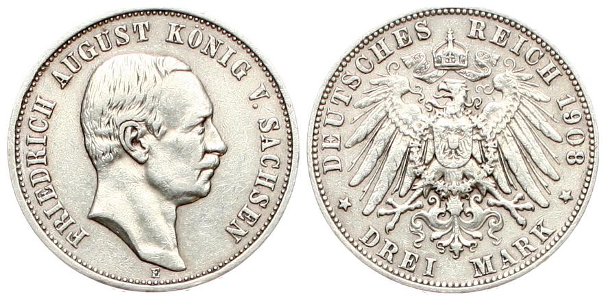  Sachsen: Friedrich August III., 3 Mark 1908 E, Patina!, Silber!   