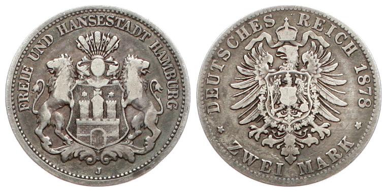  Hamburg: 2 Mark 1878 J, Silber, schöne Patina!   