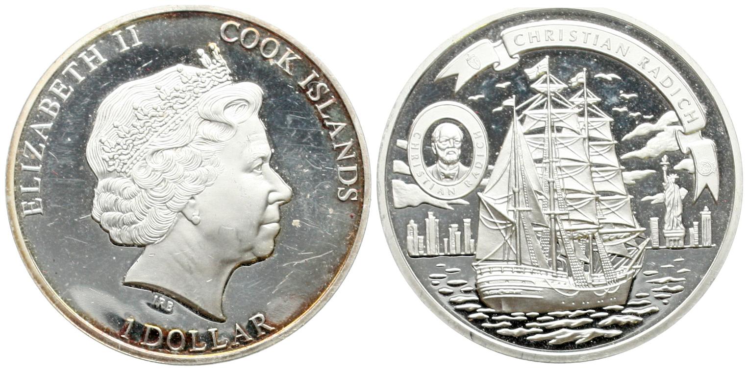  Cook Islands: Elisabeth II:, 1 Dollar (ohne Jahr) auf den Reeder Christian Radich, 25,8 Gramm!   