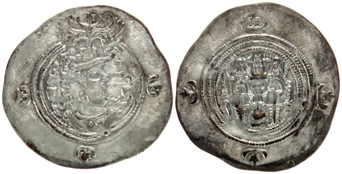  Sassaniden: Xushro II., Drachme, Silber, 590-628 n. Chr. fvz   