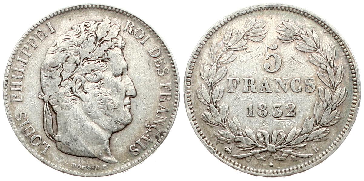  Frankreich: 5 Franc 1832 B, Louis Philippe I., fss   