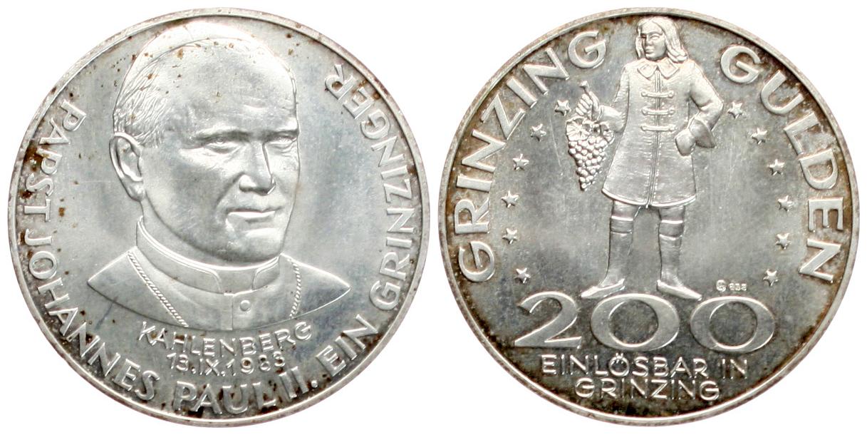  Österreich/Grinzing: 200 Gulden 1983, auf Papst Johannes Paul II. Im Originaletui! näheres unten!   