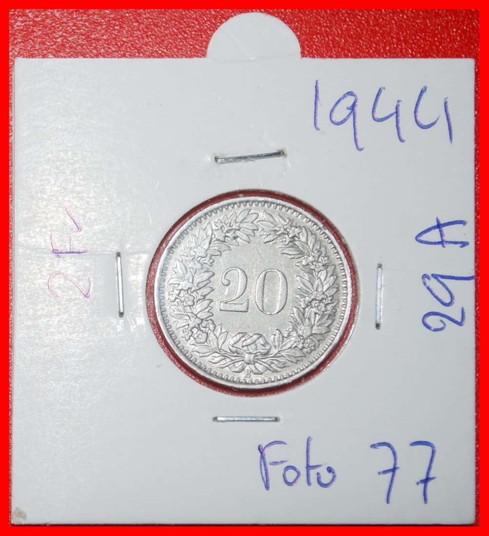  Ⰶ LIBERTY (1881-2025): SWITZERLAND ★ 20 RAPPEN 1944B DIES 1+A! WARTIME (1939★LOW START ★ NO RESERVE!   