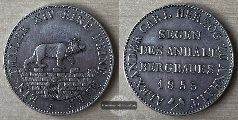  Anhalt-Bernburg Ausbeutetaler 1855  Segen des Anhalt Bergbaues FM-Frankfurt   Feinsilber: 16,7g   