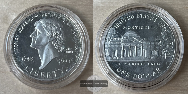  USA  1 Dollar 1993 S  250th Anniversary - Birth Thomas Jefferson   FM-Frankfurt  Feinsilber: 24,06g   