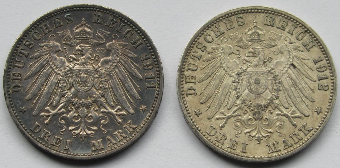  Kaiserreich: Baden, 3 Mark Friedrich II. (Jaeger 39), 2 Stück (1911 + 1912)   