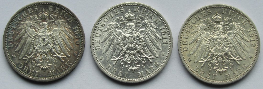  Kaiserreich: Preußen, 3 Mark Wilhelm II. (Jaeger 103), 3 Stück (1910 + 1911 + 1912)   