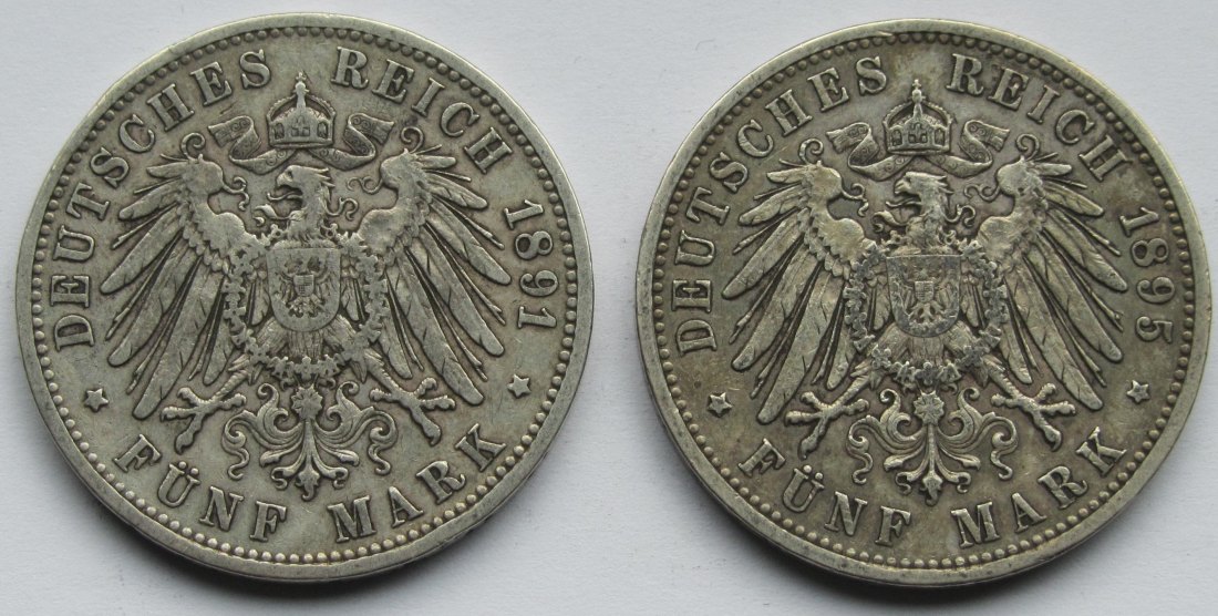  Kaiserreich: Preußen, 5 Mark Wilhelm II. (Jaeger 104), 2 Stück (1891 + 1895)   