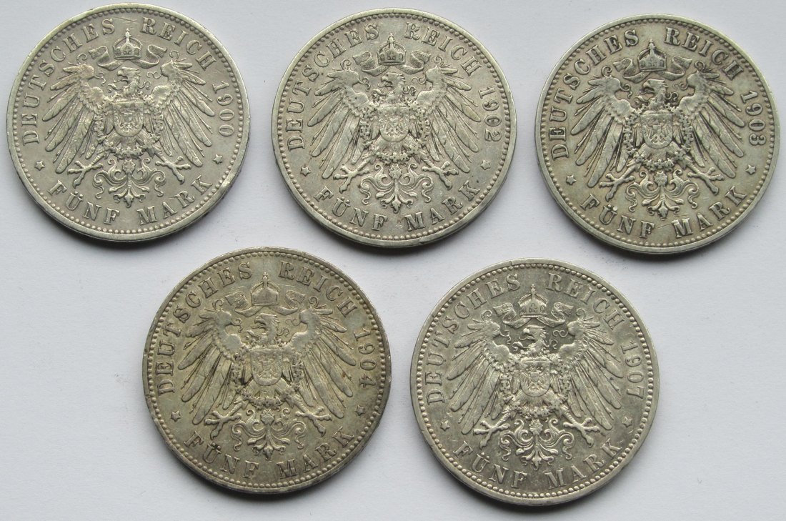  Kaiserreich: Preußen, 5 Mark Wilhelm II. (Jaeger 104), 5 Stück (1900 + 1902 + 1903 + 1904 + 1907)   