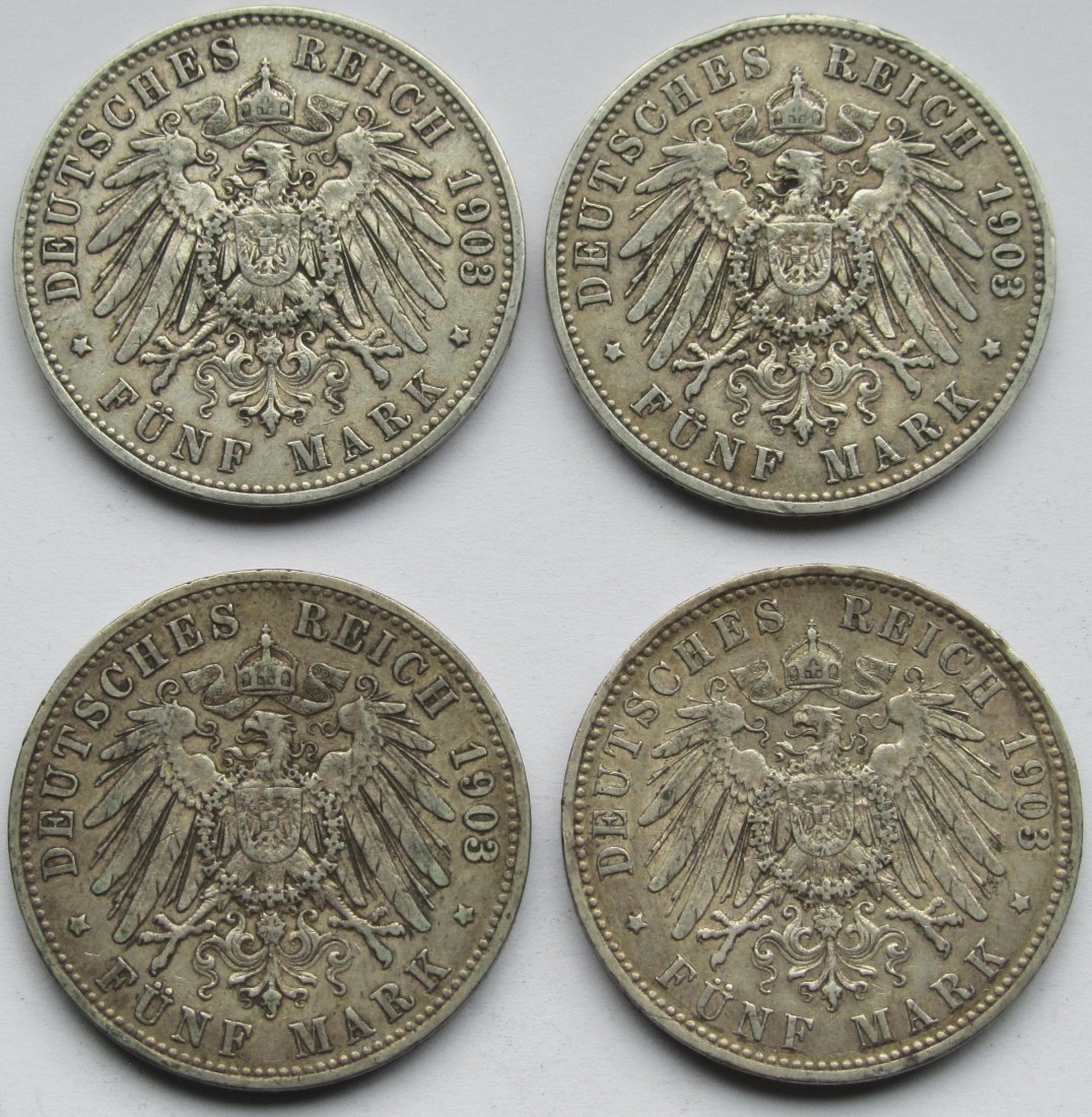  Kaiserreich: Preußen, 5 Mark Wilhelm II. (Jaeger 104), 4 Stück von 1903   