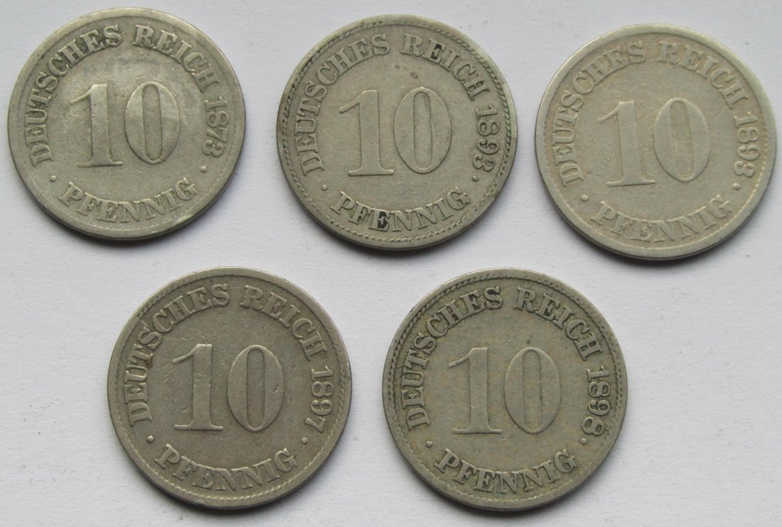  Kaiserreich: Lot aus fünf seltenen Jahrgängen 10 Pfennig   