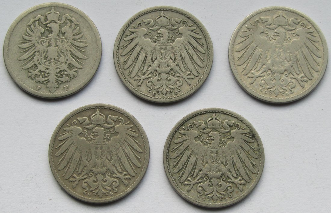  Kaiserreich: Lot aus fünf seltenen Jahrgängen 10 Pfennig   