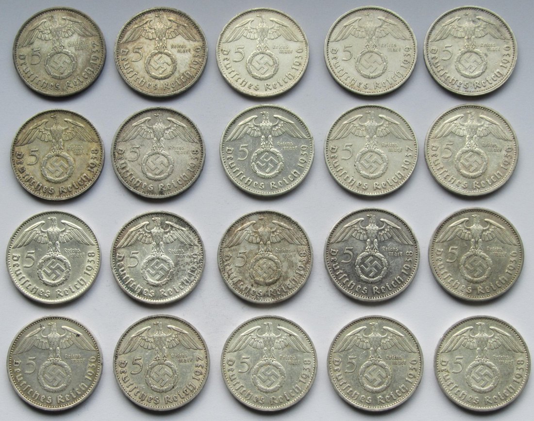  Deutsches Reich: 20 x 5 Mark Hindenburg, zusammen 250 g Feinsilber   