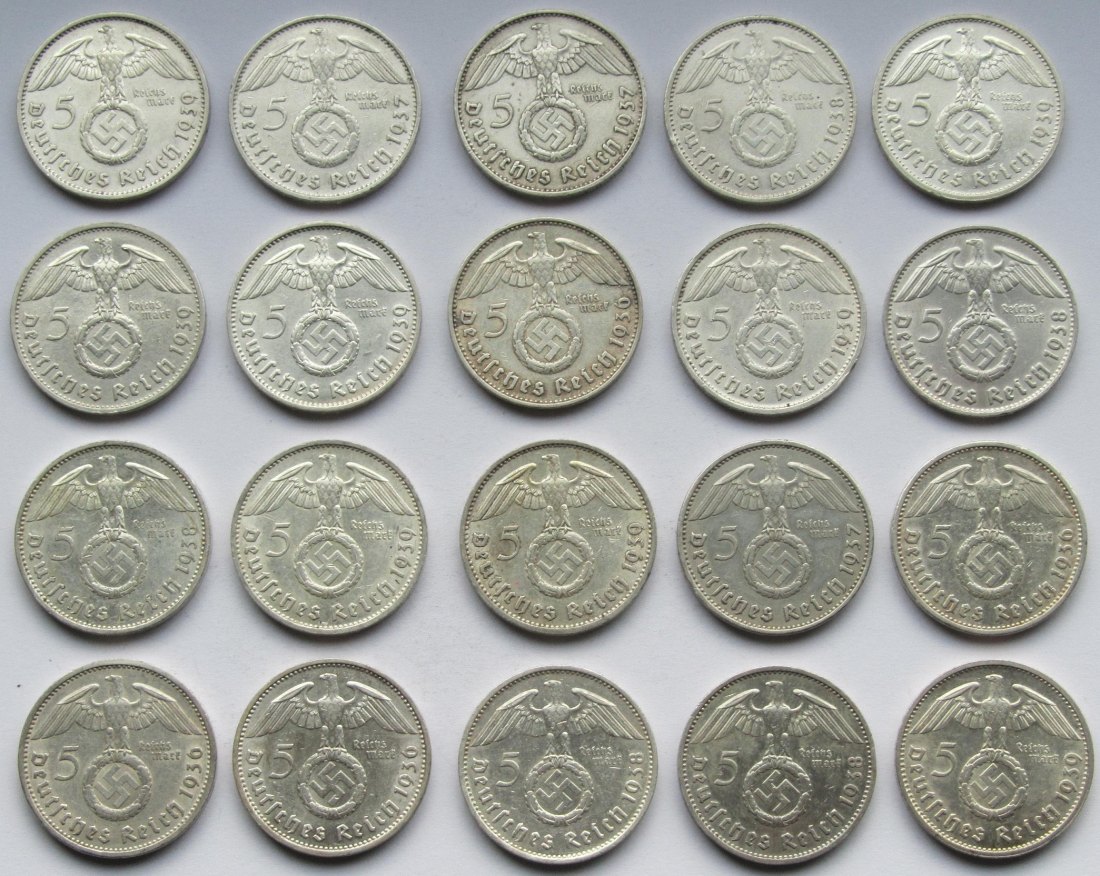  Deutsches Reich: 20 x 5 Mark Hindenburg, zusammen 250 g Feinsilber   