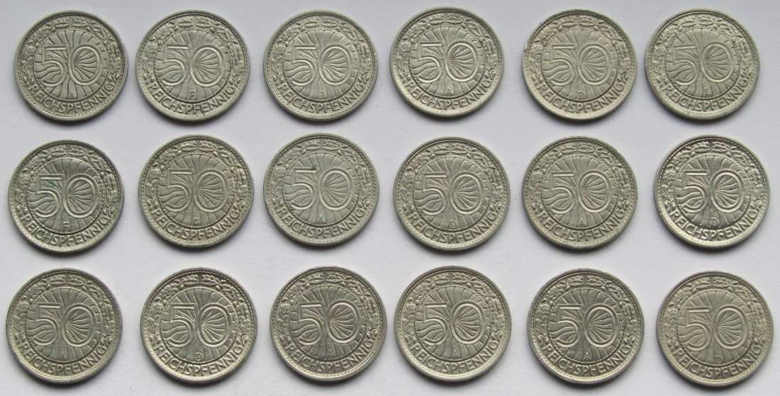  Weimarer Republik: 18 verschiedene 50 Pfennig Nickel   