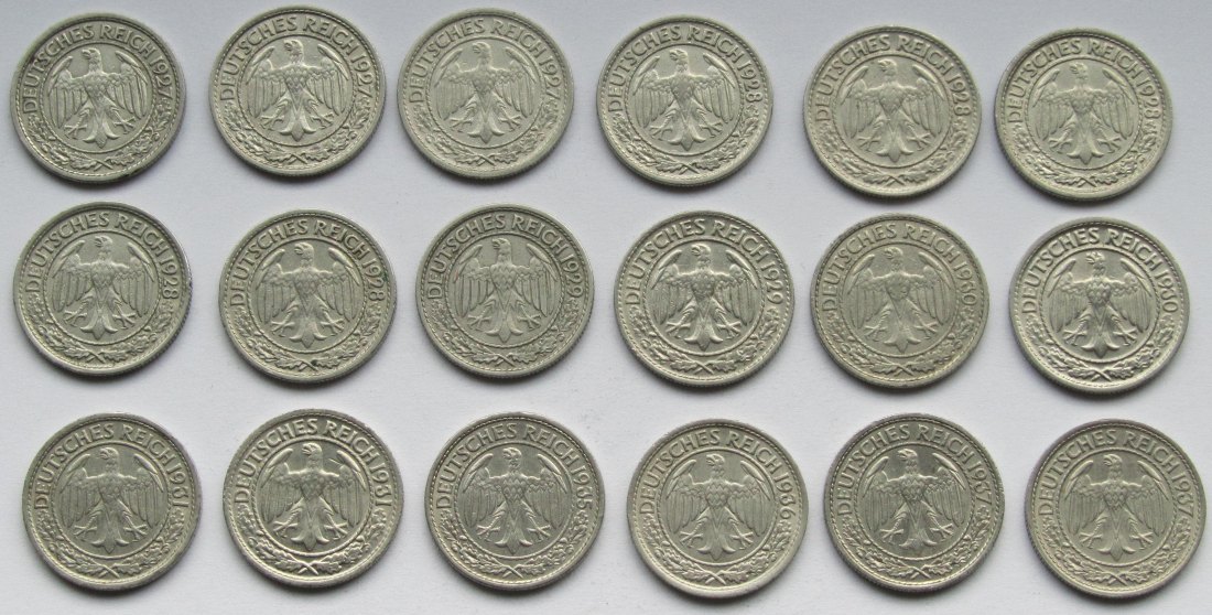  Weimarer Republik: 18 verschiedene 50 Pfennig Nickel   