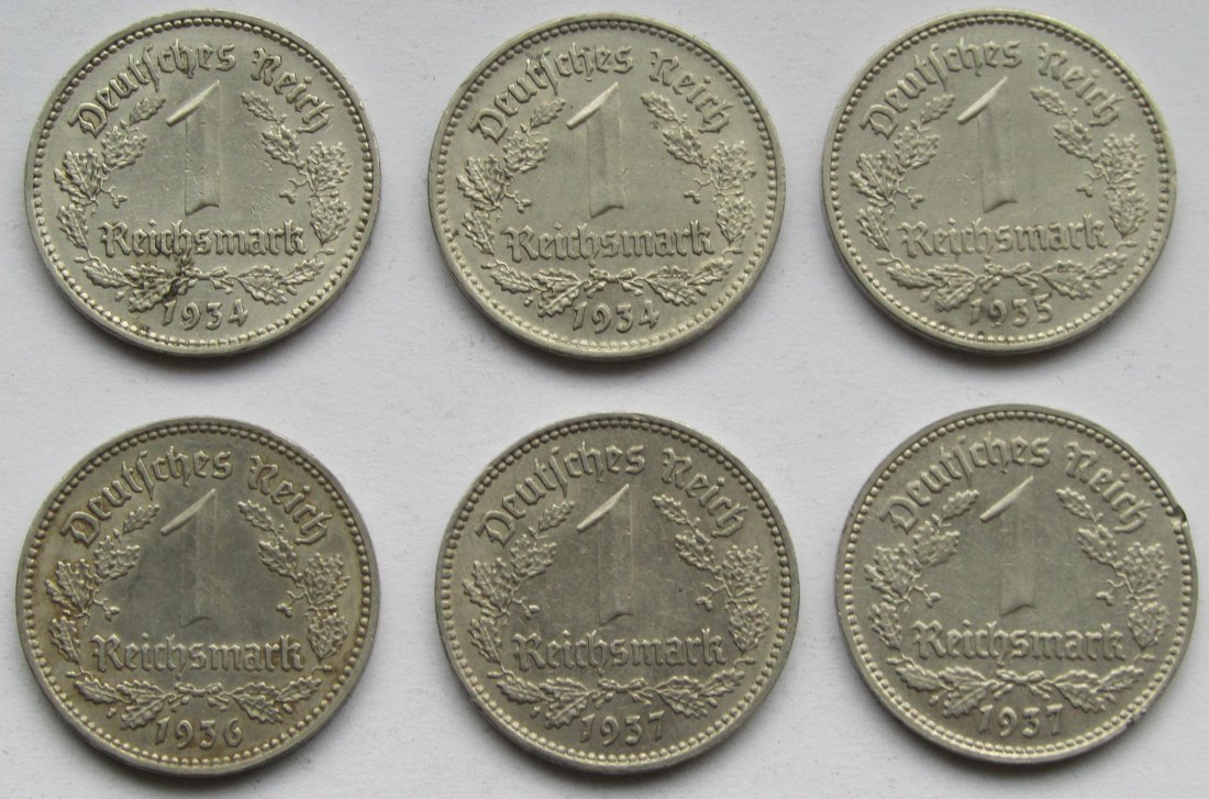  Deutsches Reich: Sechs verschiedene 1 Mark Nickel   