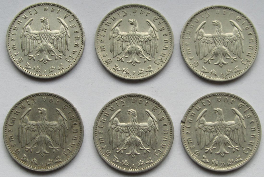  Deutsches Reich: Sechs verschiedene 1 Mark Nickel   