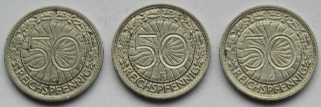  Weimarer Republik: 50 Pfennig 1927 G + 1929 F + 1935 G   