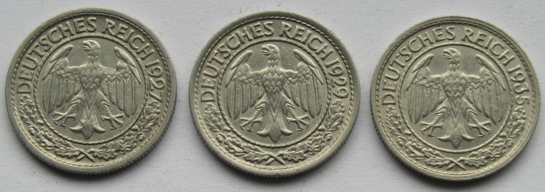  Weimarer Republik: 50 Pfennig 1927 G + 1929 F + 1935 G   