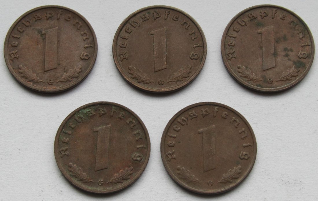  Deutsches Reich: 1 Pfennig 1940 G, 5 Stück   