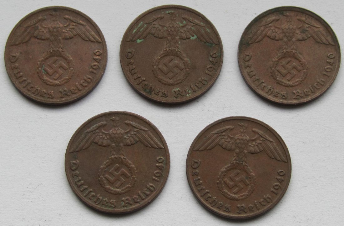  Deutsches Reich: 1 Pfennig 1940 G, 5 Stück   