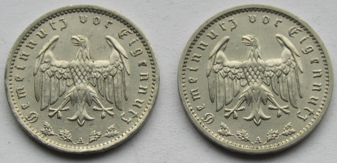  Deutsches Reich: 1 Mark 1938 A + 1939 A   