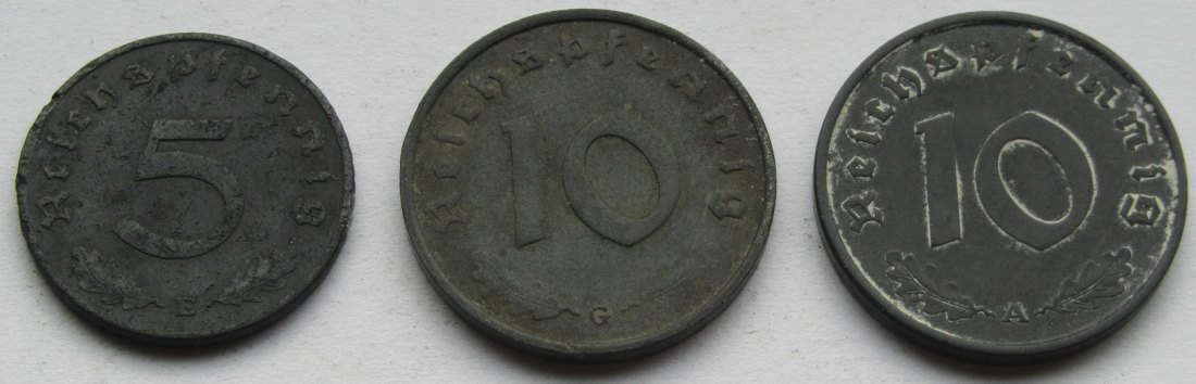  Deutsches Reich: 5 Pfennig 1942 E + 10 Pfennig 1943 G + 1945 A   