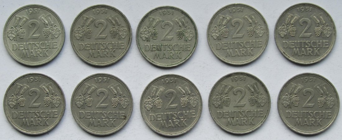  Deutschland: 10 x 2 DM Weintraube 1951, alle D   