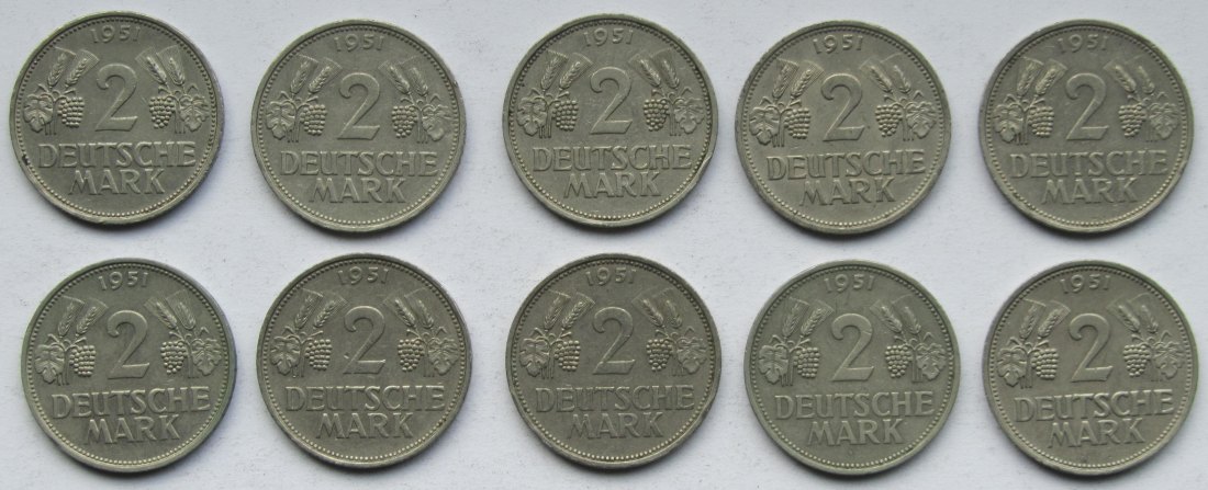  Deutschland: 10 x 2 DM Weintraube 1951, alle F   