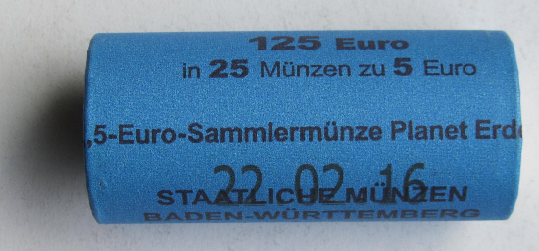  Deutschland: 5 Euro Planet Erde 2016, Originalrolle mit 25 Stück, Münzzeichen G   