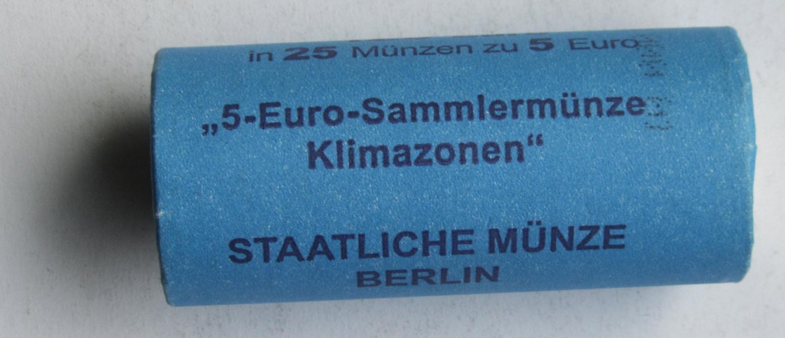  Deutschland: 5 Euro Subtropische Zone 2018, Originalrolle mit 25 Stück, Münzzeichen A   