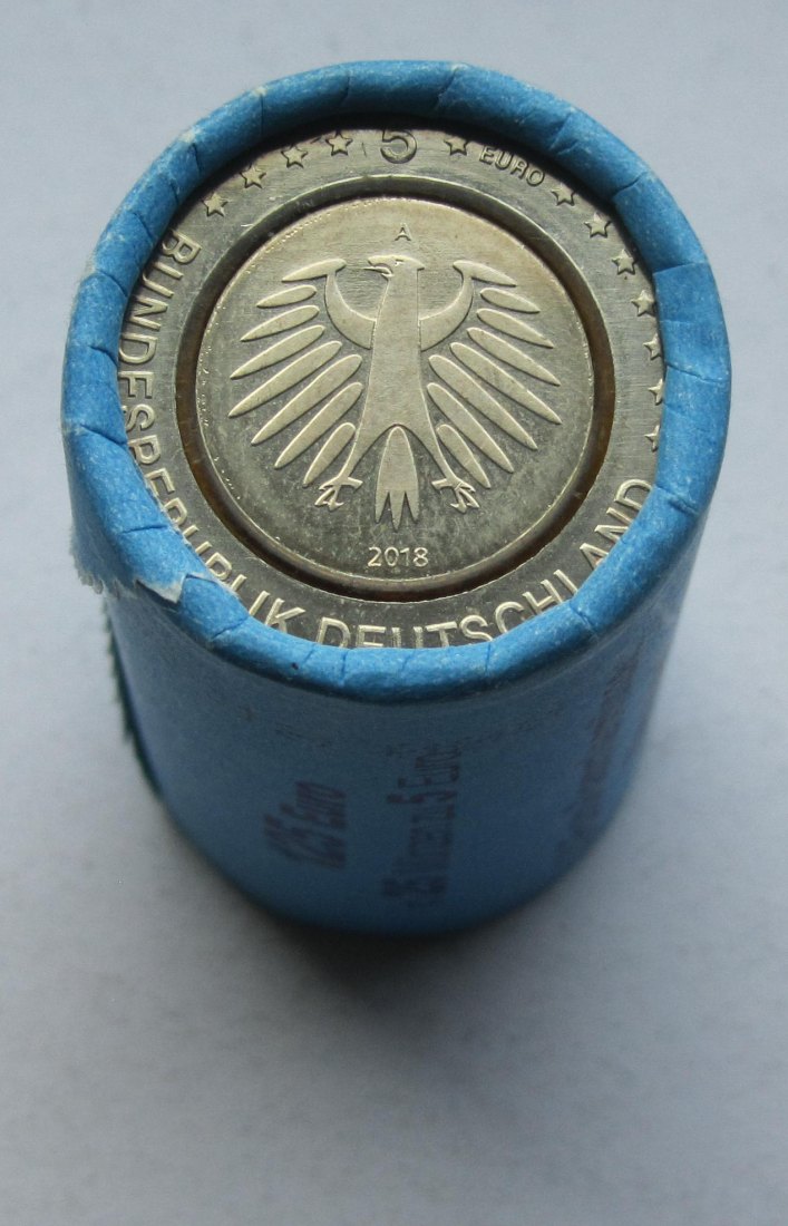  Deutschland: 5 Euro Subtropische Zone 2018, Originalrolle mit 25 Stück, Münzzeichen A   