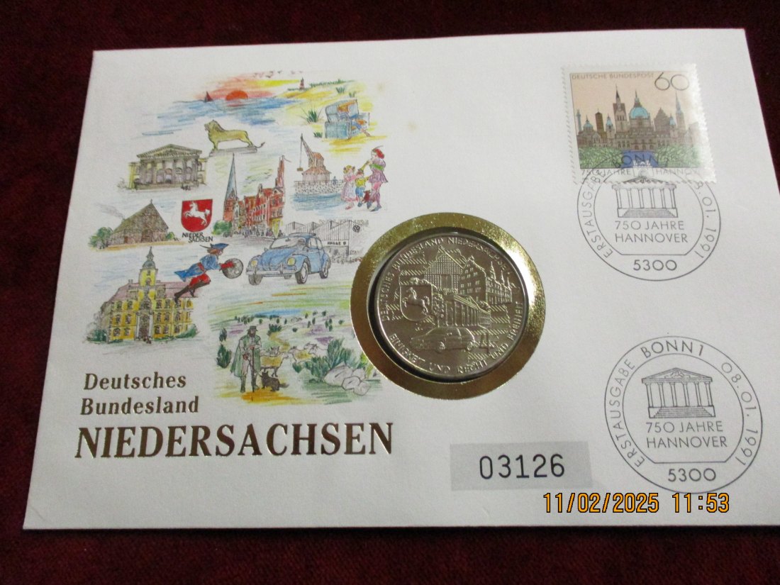  Brief mit Medaille Deutsche Bundesland Niedersachsen   