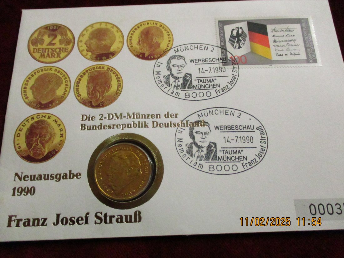  Numisbrief mit 2 Mark Münze Franz Josef Strauß   