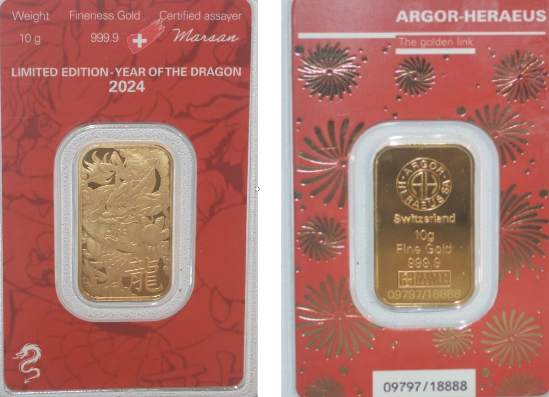  -kirofa - Schweiz - Baren Gold 10 g.9999 - YEAR OF THE DRAGON 2024 .ARGOR-HERAEUS. LTD EDITION.   