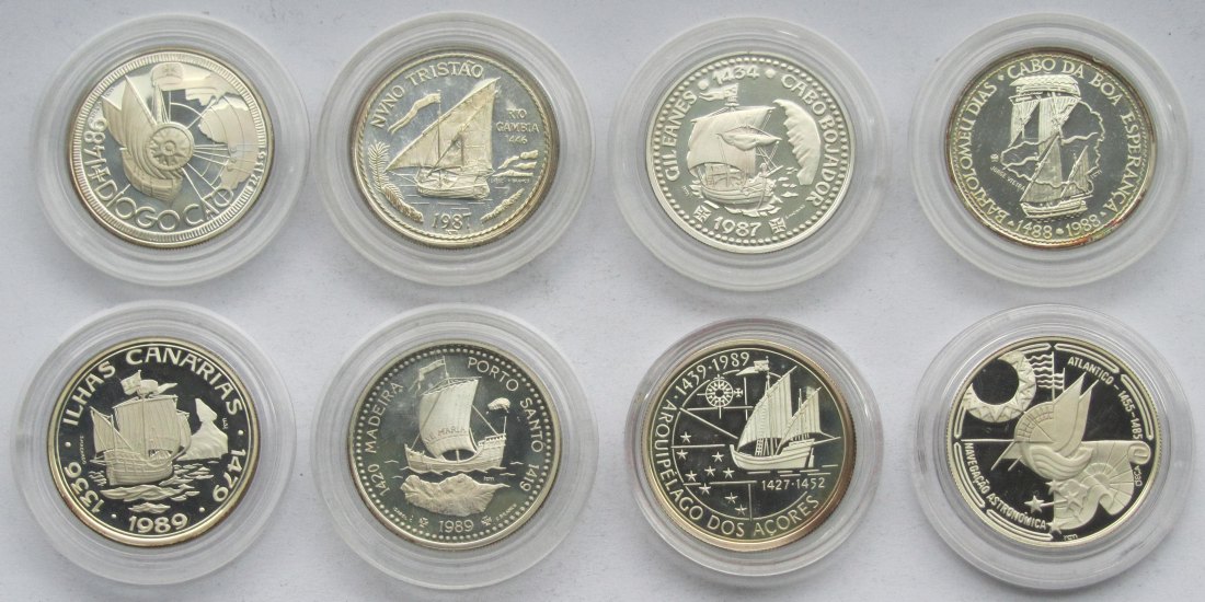  Portugal: 8 x 100 Escudos Schiffe, zusammen 138,75 g Feinsilber   