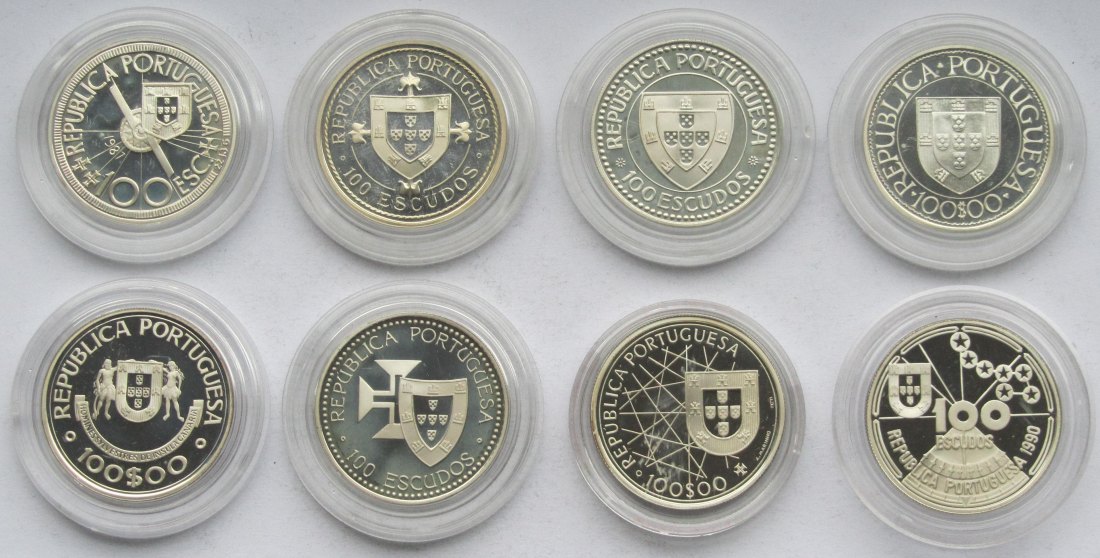  Portugal: 8 x 100 Escudos Schiffe, zusammen 138,75 g Feinsilber   